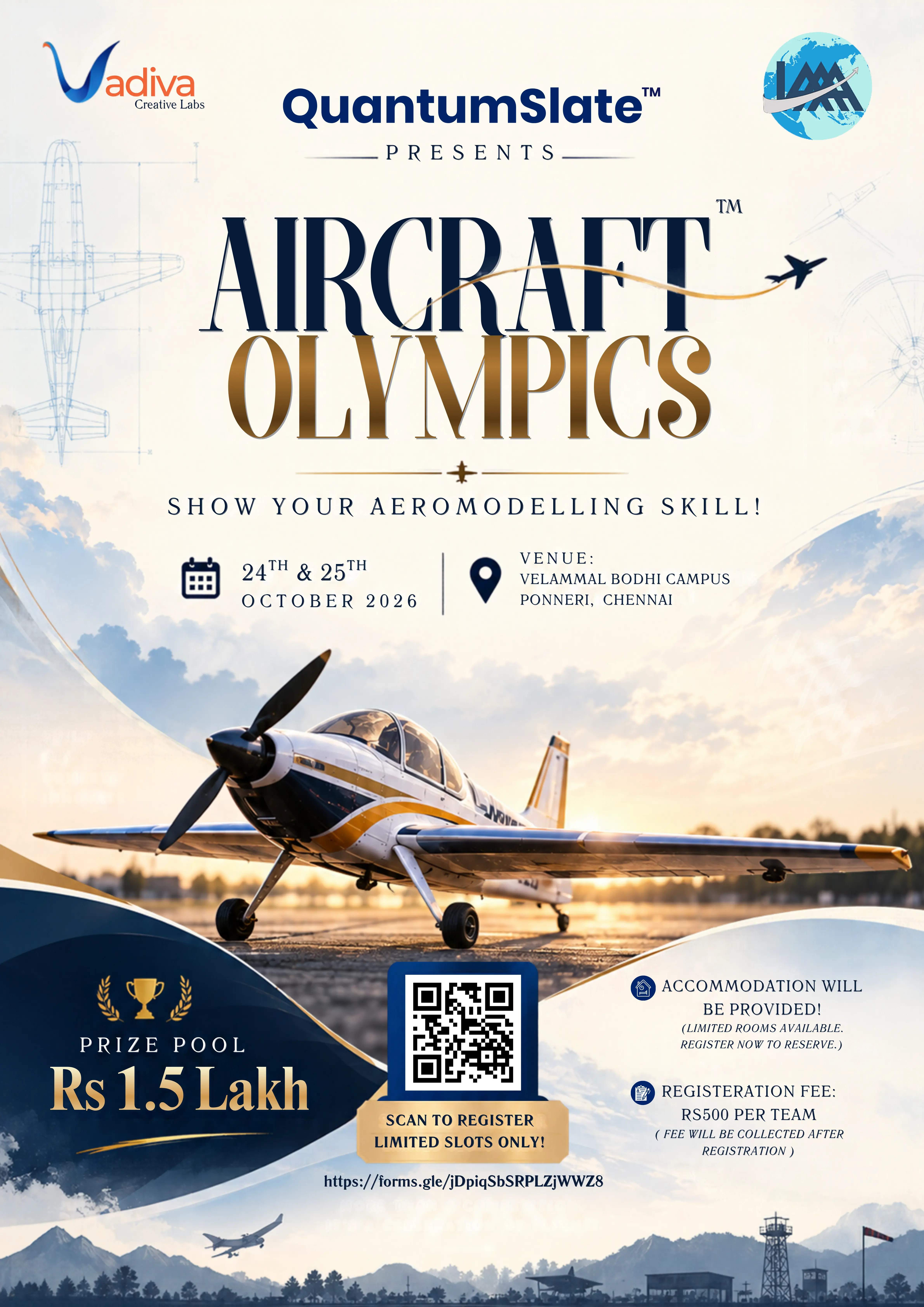 Aircraft Olympics 2026 poster — QuantumSlate presents the national aeromodelling competition at Velammal Bodhi Campus, Ponneri, Chennai